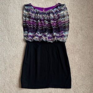 Cache Multicolor Knit Top with Black Skirt Dress